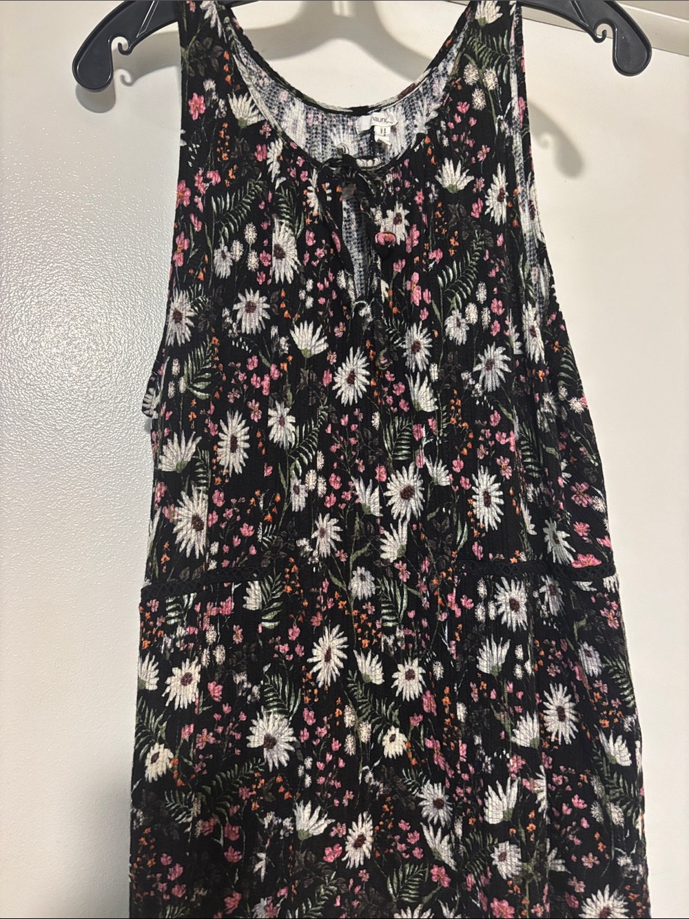 Vibrant stretchy Black Floral Sleeveless Blouse with Pink and White Accents